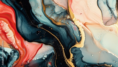 Swirling Elegance: Abstract Fluid Art Painting in Black, Gold, Red, and Blue Colours - AR 7:4