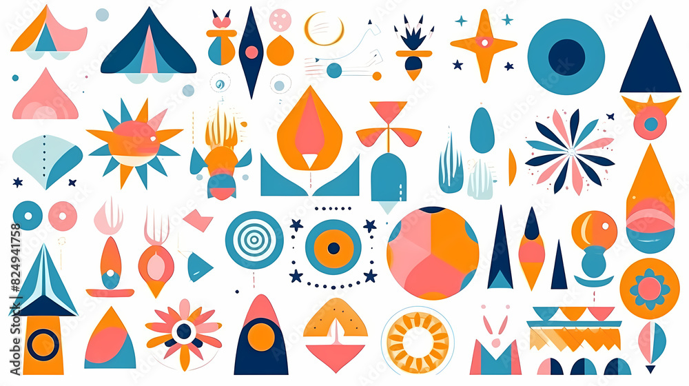 Set of abstract retro geometric shapes vector. Collection of contemporary figure, sparkle, arrow, flower in 70s groovy style