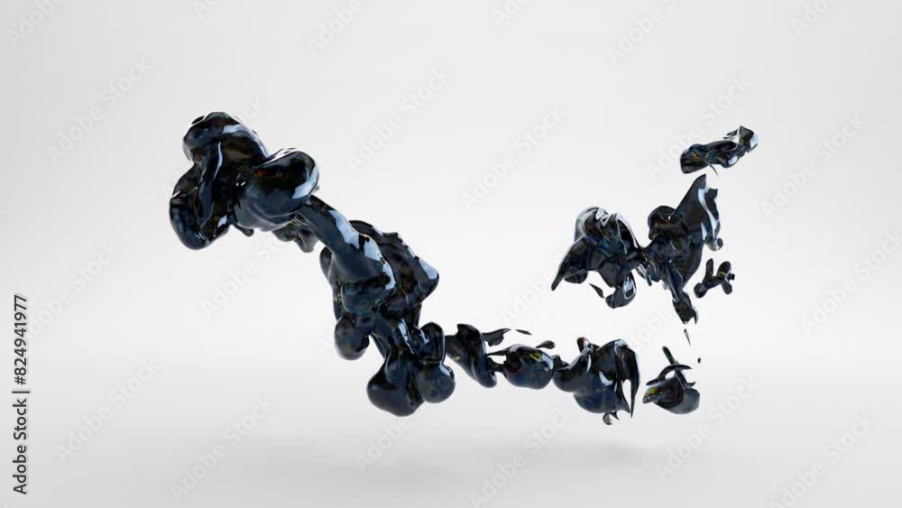 Abstract 3D animation. A jet of black liquid substance flows and changes chaotically on a white background, eventually dissolving and disappearing. Fantastic morphing effect