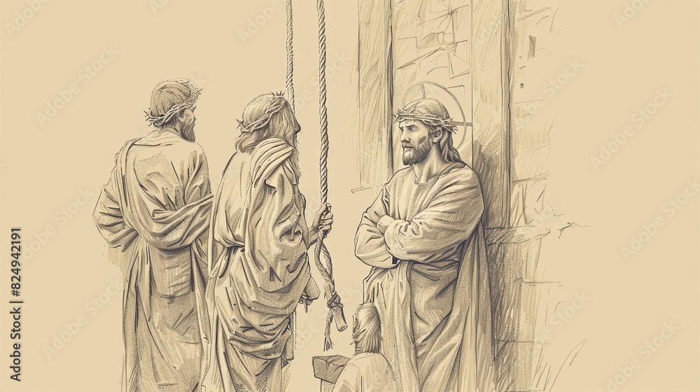 Fototapeta premium Jesus' Unjust Trial and Condemnation, Biblical Illustration of Sacrifice, Perfect for Religious Stock Photos