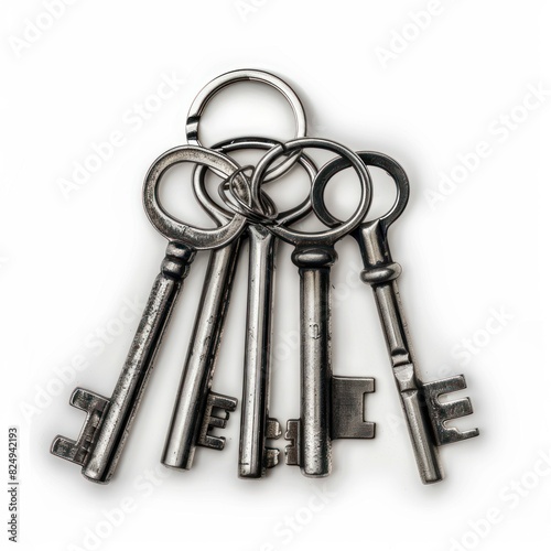 A close-up of a bunch of brass keys with a key ring isolated on a white background. © AJWA TUL EMAAN