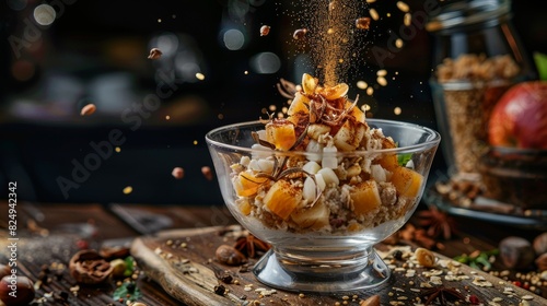 Estonian kama, dessert mixture of grains, nuts, and fruits, served in a glass bowl, modern tallinn cafe, contemporary design