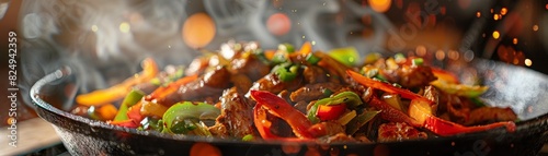 Fajitas, sizzling chicken and peppers, festive TexMex restaurant photo