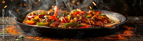 Fajitas, sizzling chicken and peppers, festive TexMex restaurant photo