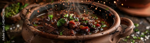 Feijoada, Brazilian black bean stew with pork, served in a clay pot, lively festival in Rio de Janeiro photo