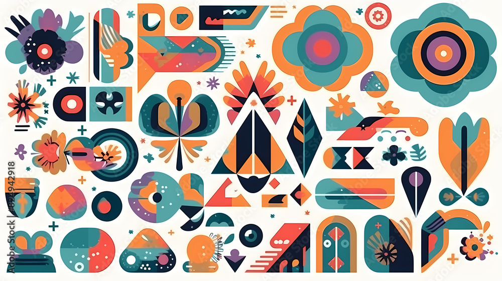 Set of abstract retro geometric shapes vector. Collection of contemporary figure, sparkle, arrow, flower in 70s groovy style Set of abstract retro geometric shapes vector. Collection of contemporary figure, sparkle, arrow, flower in 70s groovy style