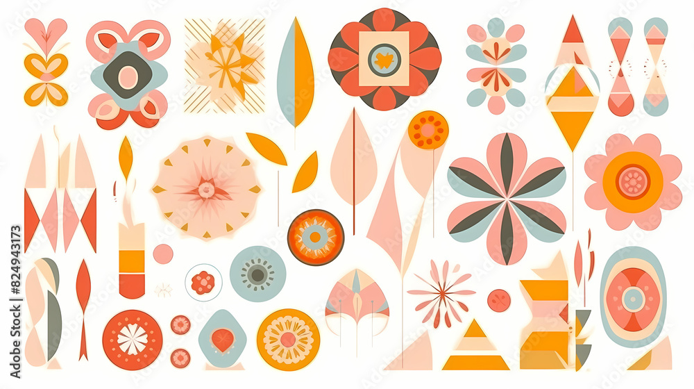 Set of abstract retro geometric shapes vector. Collection of contemporary figure, sparkle, arrow, flower in 70s groovy style