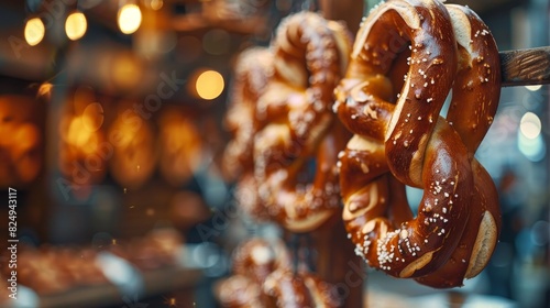 Freshly baked German pretzels hanging on a wooden stand, closeup, detailed texture of the crust, blurred Bavarian beer garden in the background photo