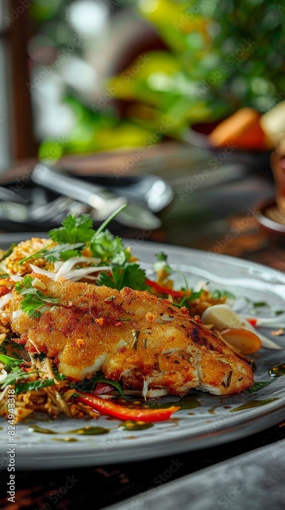 Fried catfish with green mango salad, crispy fish with tangy salad, riverside dining setting Fried catfish with green mango salad, crispy fish with tangy salad, riverside dining setting