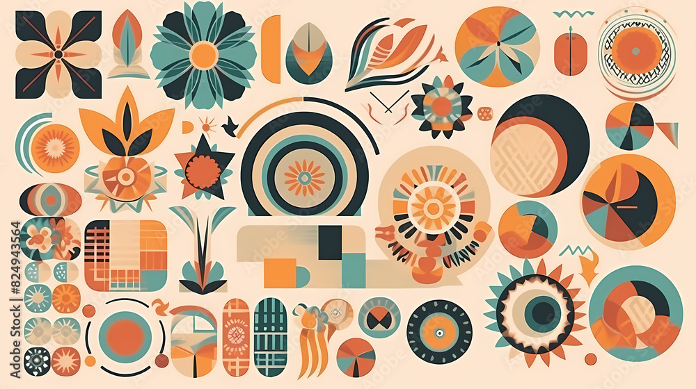 Fototapeta premium Set of abstract retro geometric shapes vector. Collection of contemporary figure, sparkle, arrow, flower in 70s groovy style