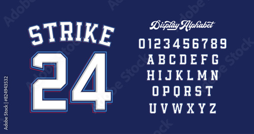 Varsity Style Jersey Design: Strike 24. Classic varsity look with Navy blue and white. Includes digits 0-9 and uppercase letters A-Z. Perfect for custom sports jerseys and team apparel.
