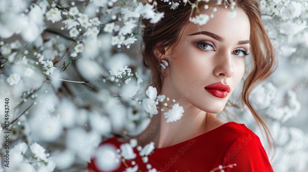 Close up view of a lovely woman in a red dress on a background with white flowers Close up view of a lovely woman in a red dress on a background with white flowers