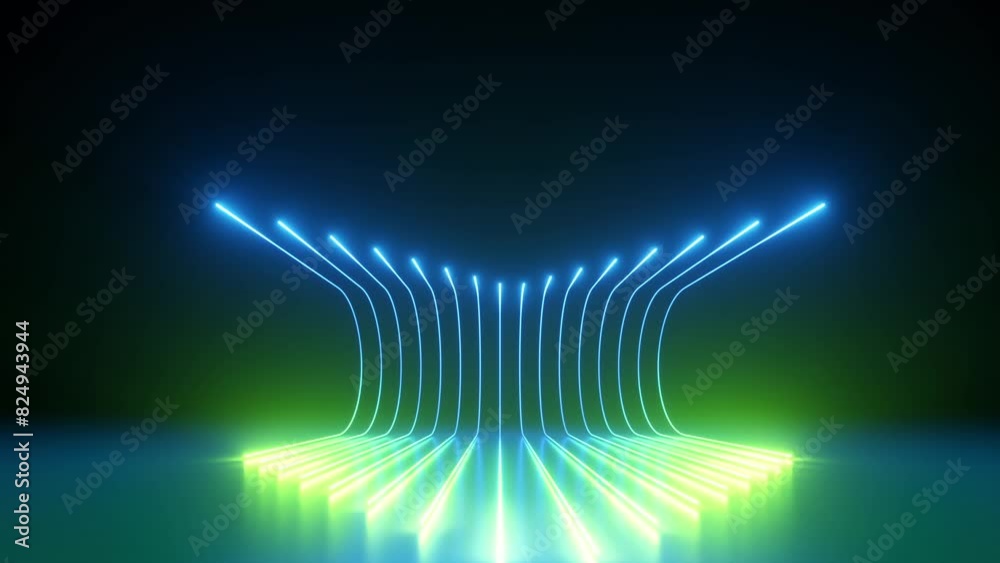 looping 3d animation. Abstract animated background of green blue neon glowing lines slide down along the curvy trajectory