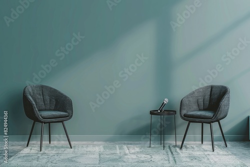two chairs and microphones in podcast or interview room isolated on solid gray background as a wide banner for media conversations or podcast streamers concepts photo