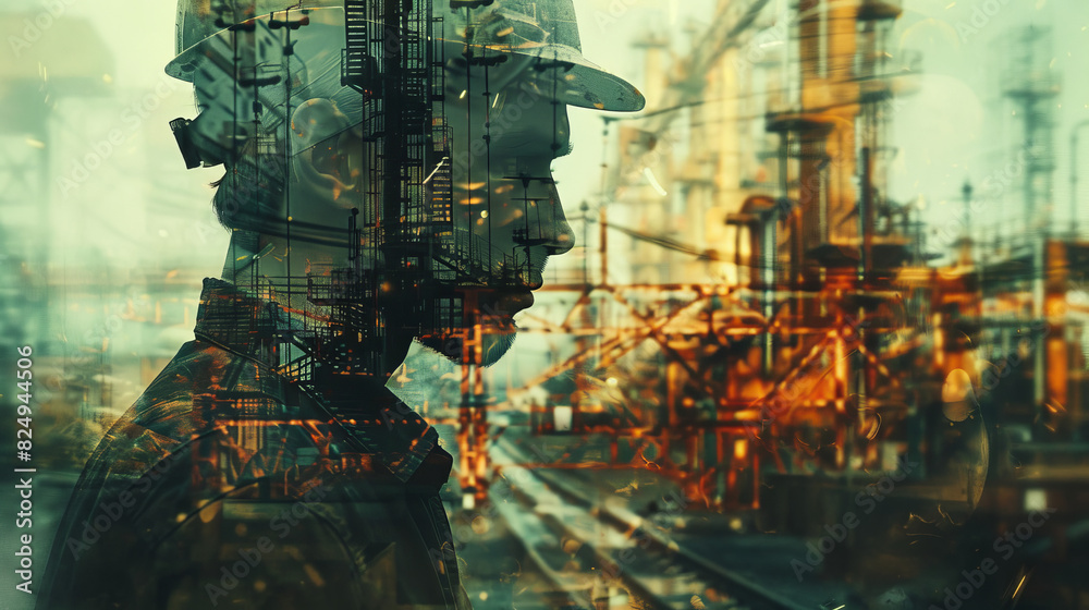 A powerful double exposure photograph featuring an industrial worker overlaid with machinery and factory elements, captured with a 35mm F1.2 lens, with enhanced sharpness and texture processed in