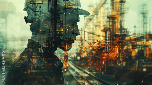 A powerful double exposure photograph featuring an industrial worker overlaid with machinery and factory elements, captured with a 35mm F1.2 lens, with enhanced sharpness and texture processed in
