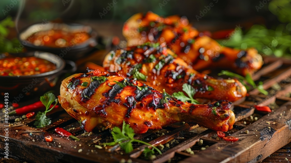 Grilled chicken with Thai herbs, served with spicy tamarind sauce, family backyard barbecue Grilled chicken with Thai herbs, served with spicy tamarind sauce, family backyard barbecue