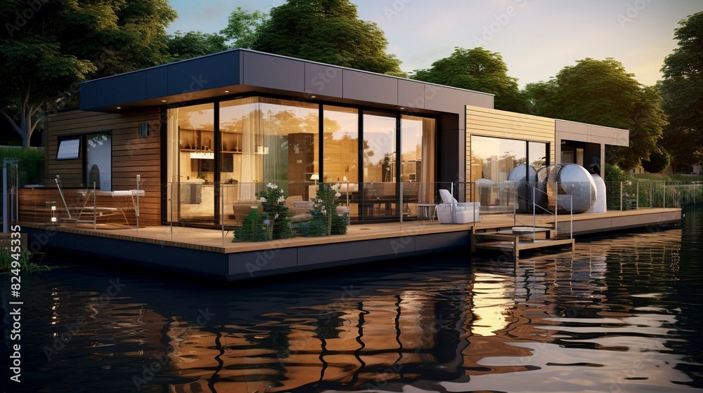 A photo of Modern Houseboats with Sleek A photo of Modern Houseboats with Sleek