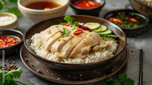 Hainanese chicken rice, poached chicken with fragrant rice, popular Singapore hawker center