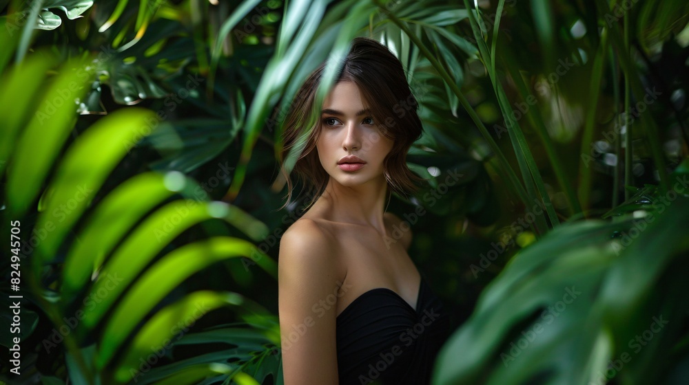 Candid shot of a beautiful woman dressed in a black dress on a background of green plants Candid shot of a beautiful woman dressed in a black dress on a background of green plants