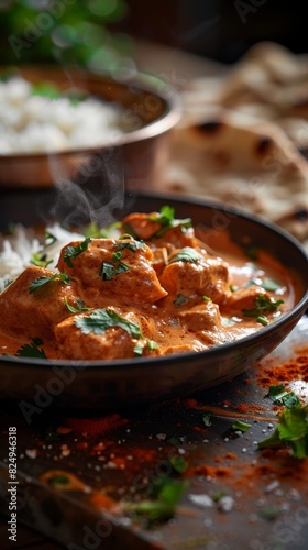 Indian butter chicken  creamy and rich  served with basmati rice and naan  warm ambient lighting in a traditional Indian restaurant