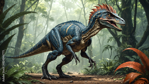 Velociraptor in a lush pre-historic jungle  Jurassic or Cretaceous period  dinosaur world  high detail illustration  no AI artifacts