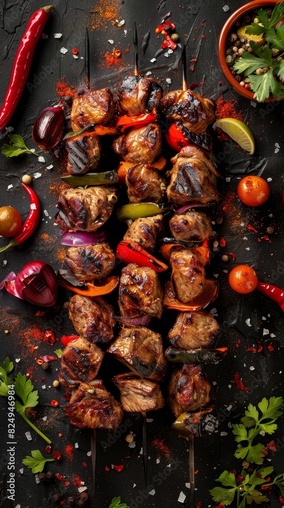 Kebab, grilled meat skewers with vegetables, vibrant Turkishstreet market