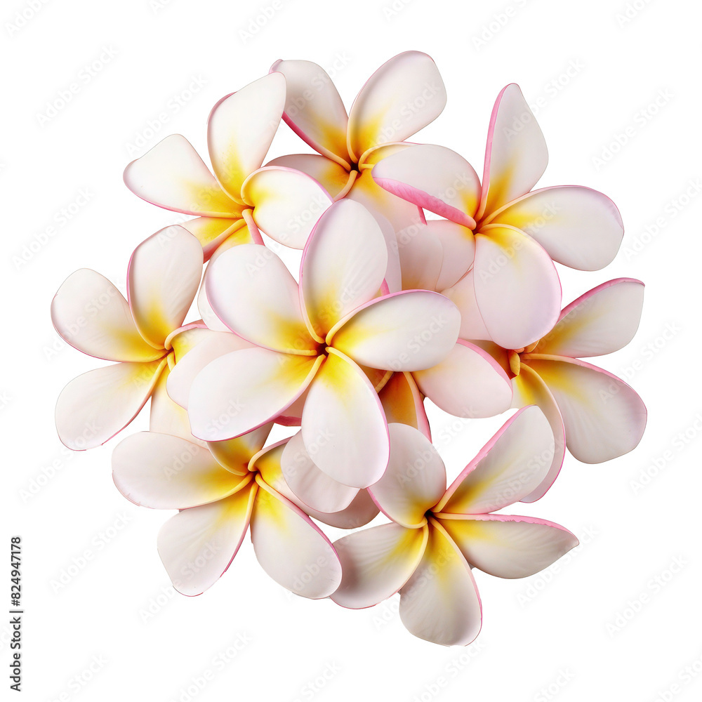 Bouquet plumeria flowers isolated on transparent background. top view of plumeria flowers, presented in exquisite detail against a pristine white background or transparent Bouquet plumeria flowers isolated on transparent background. top view of plumeria flowers, presented in exquisite detail against a pristine white background or transparent