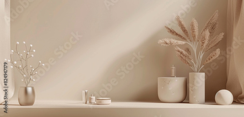 Modern beige 3D room background with trendy copy space for beauty product mock-up design template.