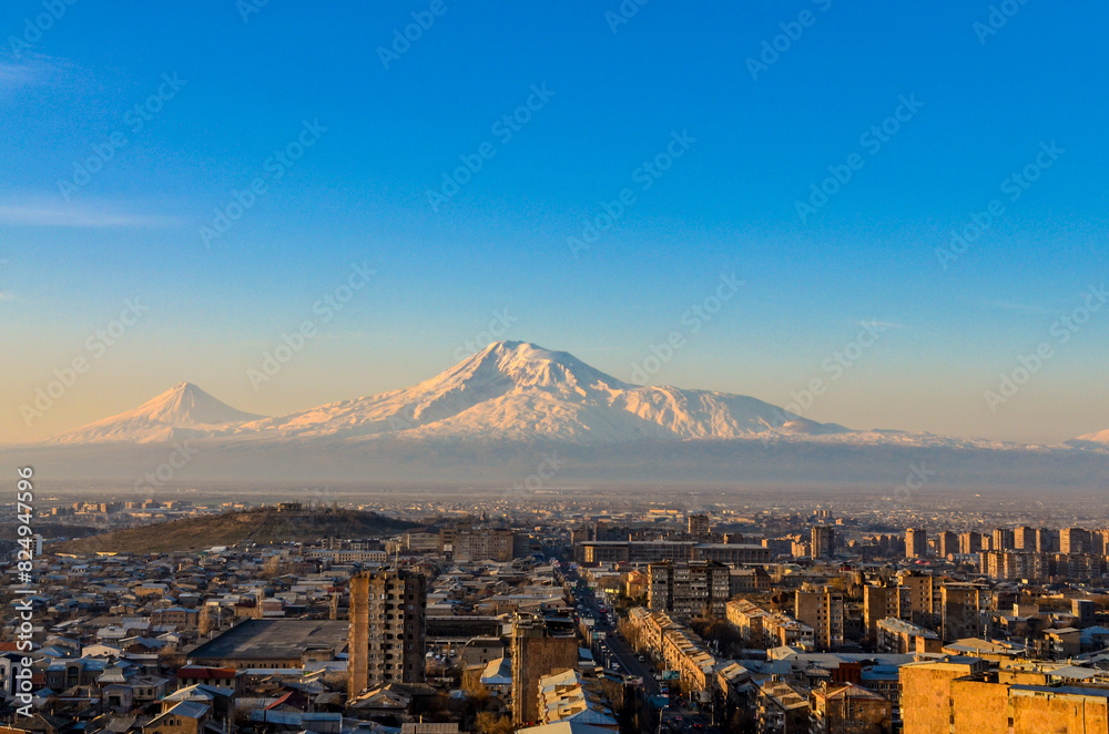 Mount Ararat and Sebastia-Malatia district in Yerevan, Armenia	scenic view at sunrise