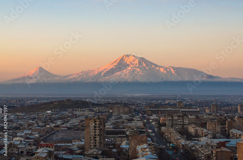 Mount Ararat and Sebastia-Malatia district in Yerevan, Armenia	scenic view at sunrise photo
