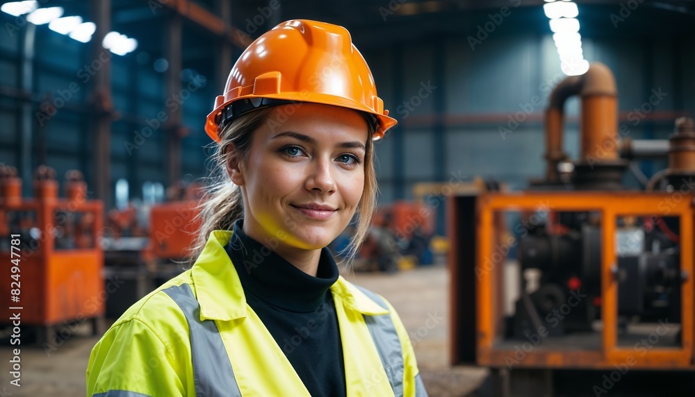 Close up of a smiling female professional heavy industry worker wearing safety uniform against manufacture warehouse