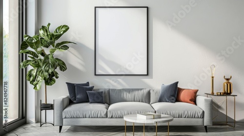 Frame mockup the size of paper. Mockup of wall poster in living room. mockup of an interior with a background of a house. contemporary home decor. 3D render. © wellart