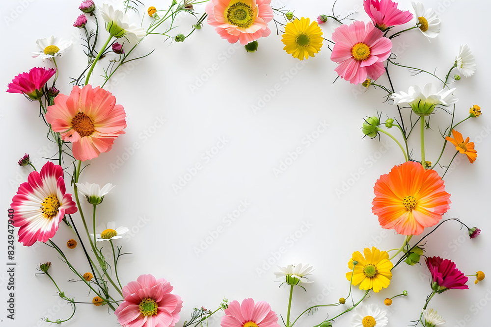 Wild flower frame on white background with copy space. Minimalist floral wreath aesthetic. Wild flower frame on white background with copy space. Minimalist floral wreath aesthetic.