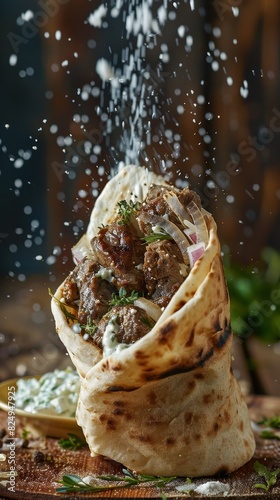 Lamb gyro, wrapped in a soft pita with tzatziki and onions, bustling Athenian street