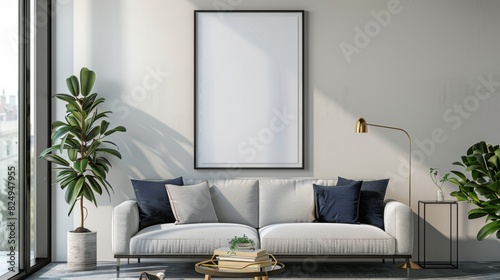 Frame mockup the size of paper. Mockup of wall poster in living room. mockup of an interior with a background of a house. contemporary home decor. 3D render.