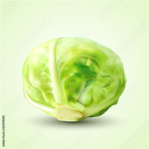 Vector Green Realistic head of cabbage, vegetarian food, object.