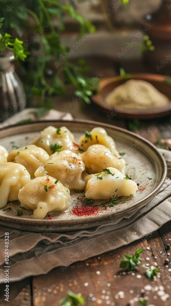 Lithuanian cepelinai on a rustic ceramic plate, closeup showing the texture of the potato dumplings, homely kitchen setting, warm lighting Lithuanian cepelinai on a rustic ceramic plate, closeup showing the texture of the potato dumplings, homely kitchen setting, warm lighting