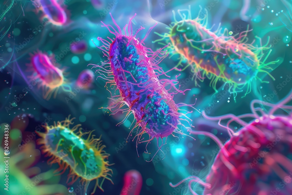 Bacteria swirling in a psychedelic pattern, Psychedelic, Bright Neon Colors, Digital Art, Depicting unseen microbial threats Bacteria swirling in a psychedelic pattern, Psychedelic, Bright Neon Colors, Digital Art, Depicting unseen microbial threats