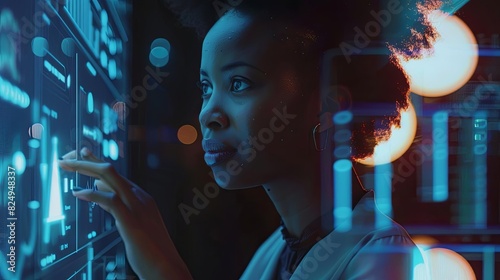 african american woman interacting with graphical interface at modern office digital illustration photo