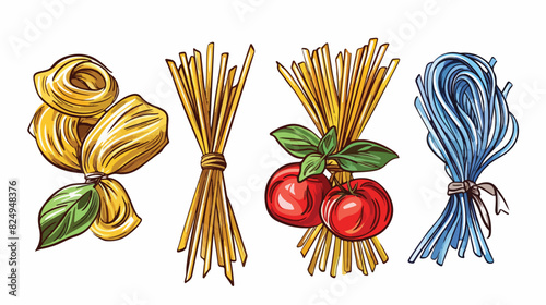 Four of different types pasta. Colorful hand drawn 