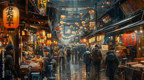 captivating printable mural of a bustling night market ideal for transforming the walls of a food hall's dining area immersing diners in the sights sounds and flavors of a bustling Asian market photo
