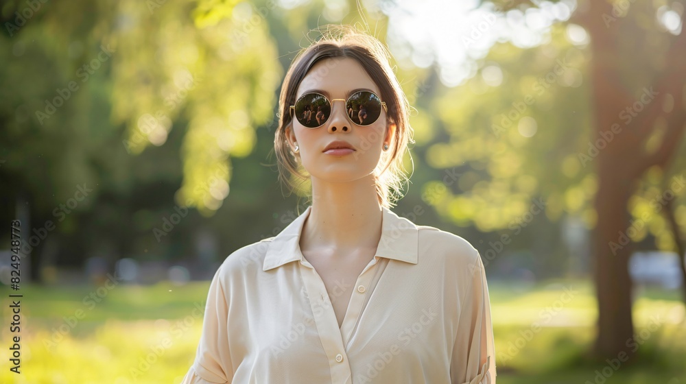 Portrait of an elegant woman wearing a cream blouse with sunglasses posing in the park