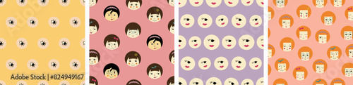Set of four patterns, pretty girlish faces. Continuous design with creative shapes, feminine look, repeating texture.