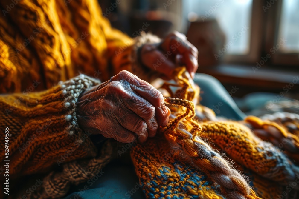 An elderly woman is holding a piece of yarn in her hands, knitting diligently