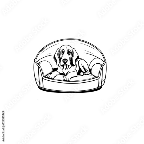 A cartoon Bloodhound in a dog bed coloring page generative ai