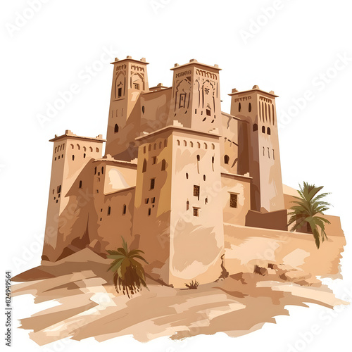 Ait-ben-haddou, ksar or fortified village in ouarzazate province, morocco. prime example of southern morocco architecture isolated on white background, vintage, png 
