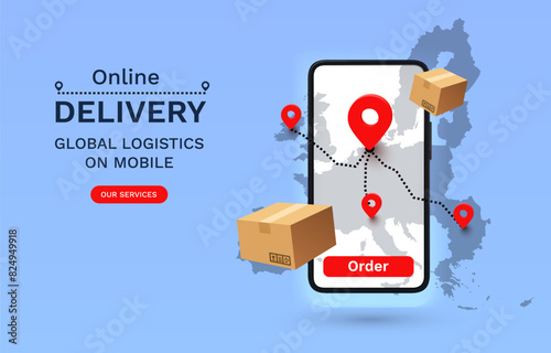 Online Delivery global logistics on mobile, delivery within the Europe. Vector illustration