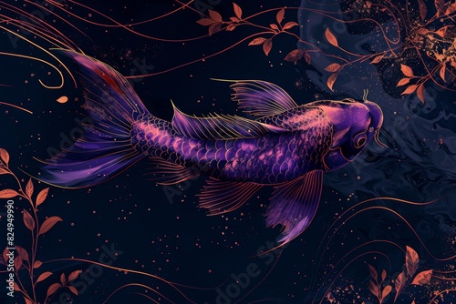 A purple fish swimming in a dark blue water with leaves floating around it