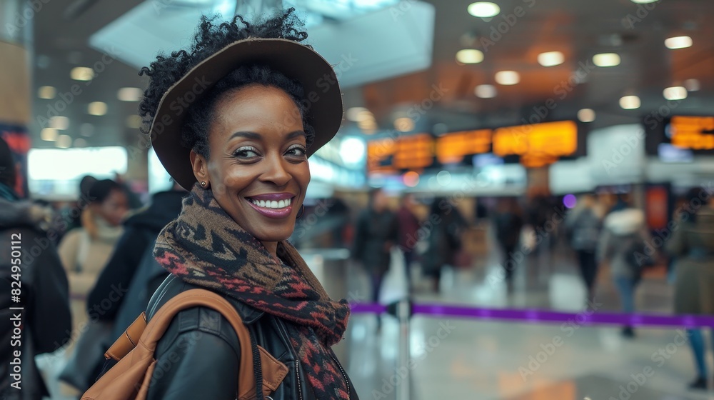 A woman wearing a hat and scarf is smiling at the camera. She is surrounded by other people in a busy airport